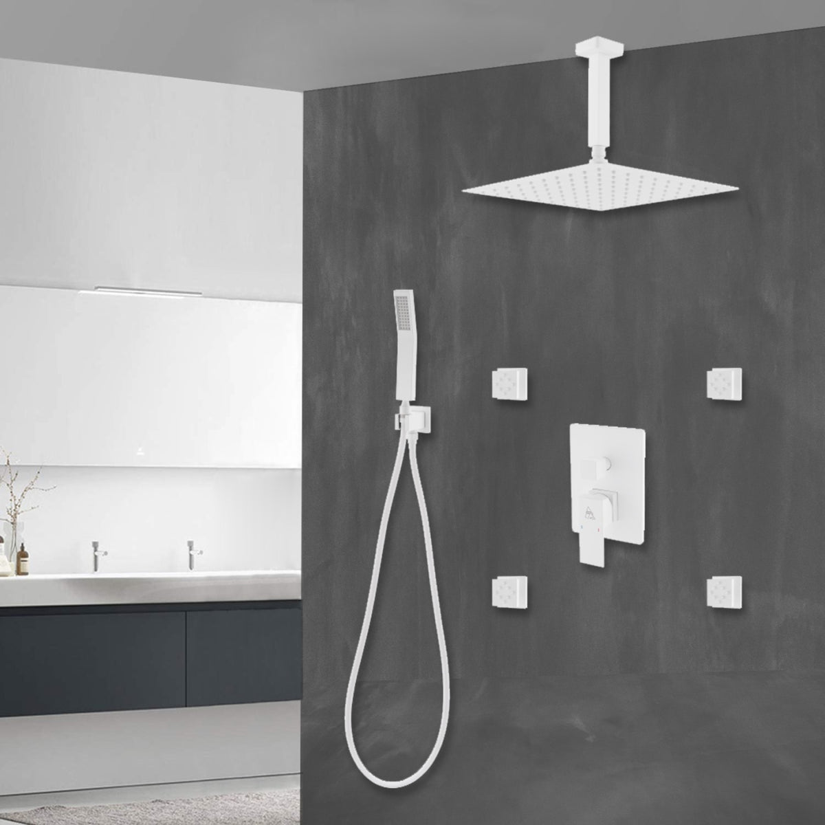 Kube Bath Aqua Piazza Brass Shower Set with 12" Ceiling Mount Square Rain Shower, 4 Body Jets and Handheld - White (WH-CR3004JHH3V) view 10