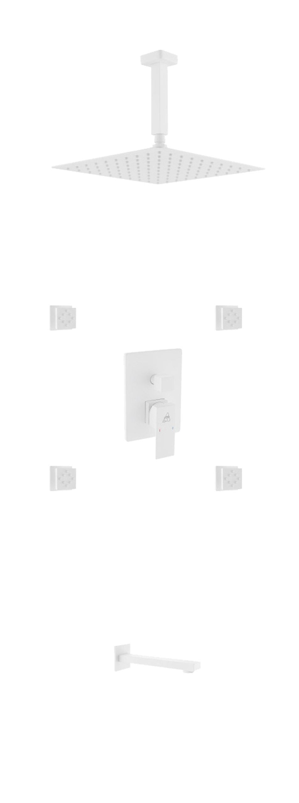 Kube Bath Aqua Piazza Brass Shower Set with 12" Ceiling Mount Square Rain Shower, Tub Filler and 4 Body Jets - White (WH-CR3004JTF3V) view 2