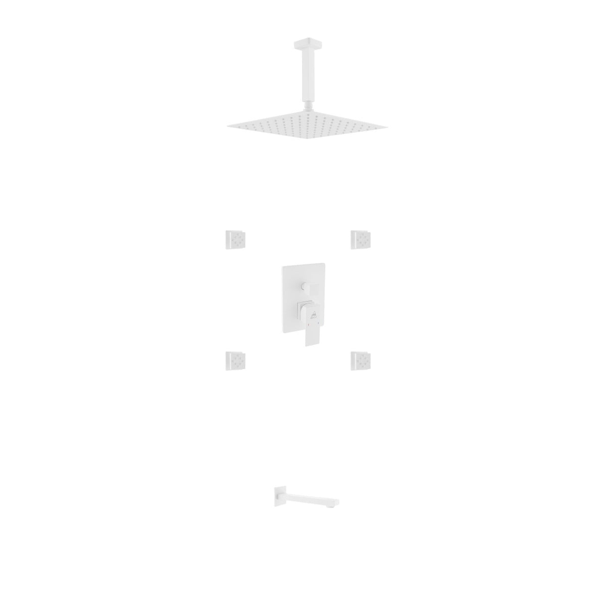 Kube Bath Aqua Piazza Brass Shower Set with 12" Ceiling Mount Square Rain Shower, Tub Filler and 4 Body Jets - White (WH-CR3004JTF3V)