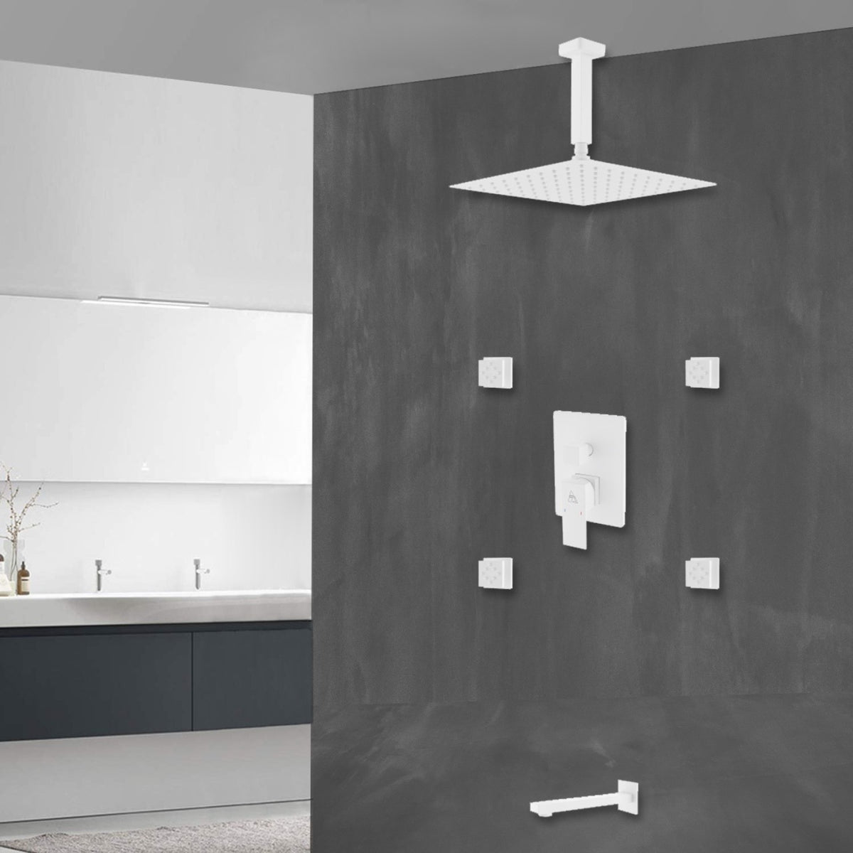 Kube Bath Aqua Piazza Brass Shower Set with 12" Ceiling Mount Square Rain Shower, Tub Filler and 4 Body Jets - White (WH-CR3004JTF3V) view 10