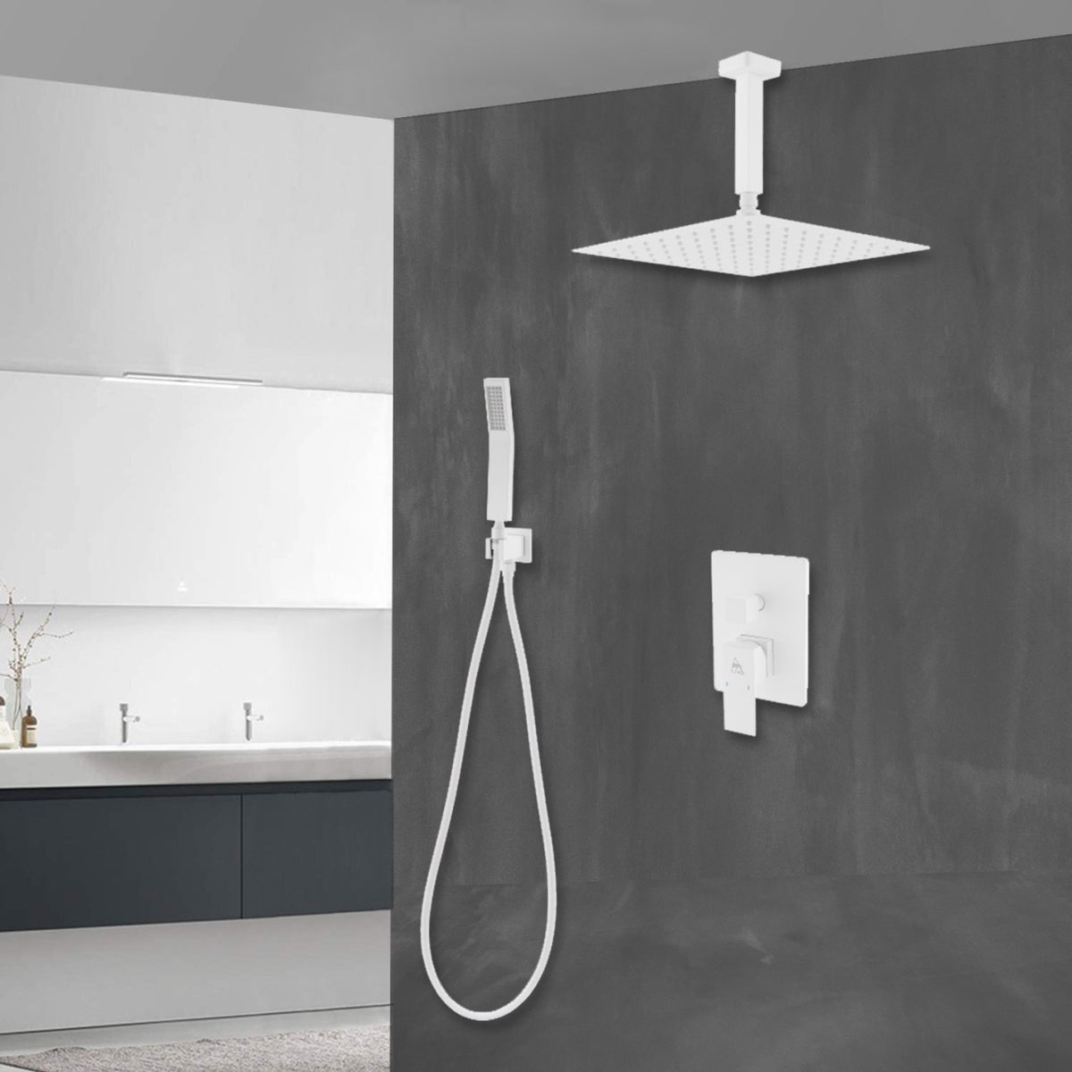 Kube Bath Aqua Piazza Brass Shower Set with 12" Ceiling Mount Square Rain Shower and Handheld - White (WH-CR300HH2V) view 8