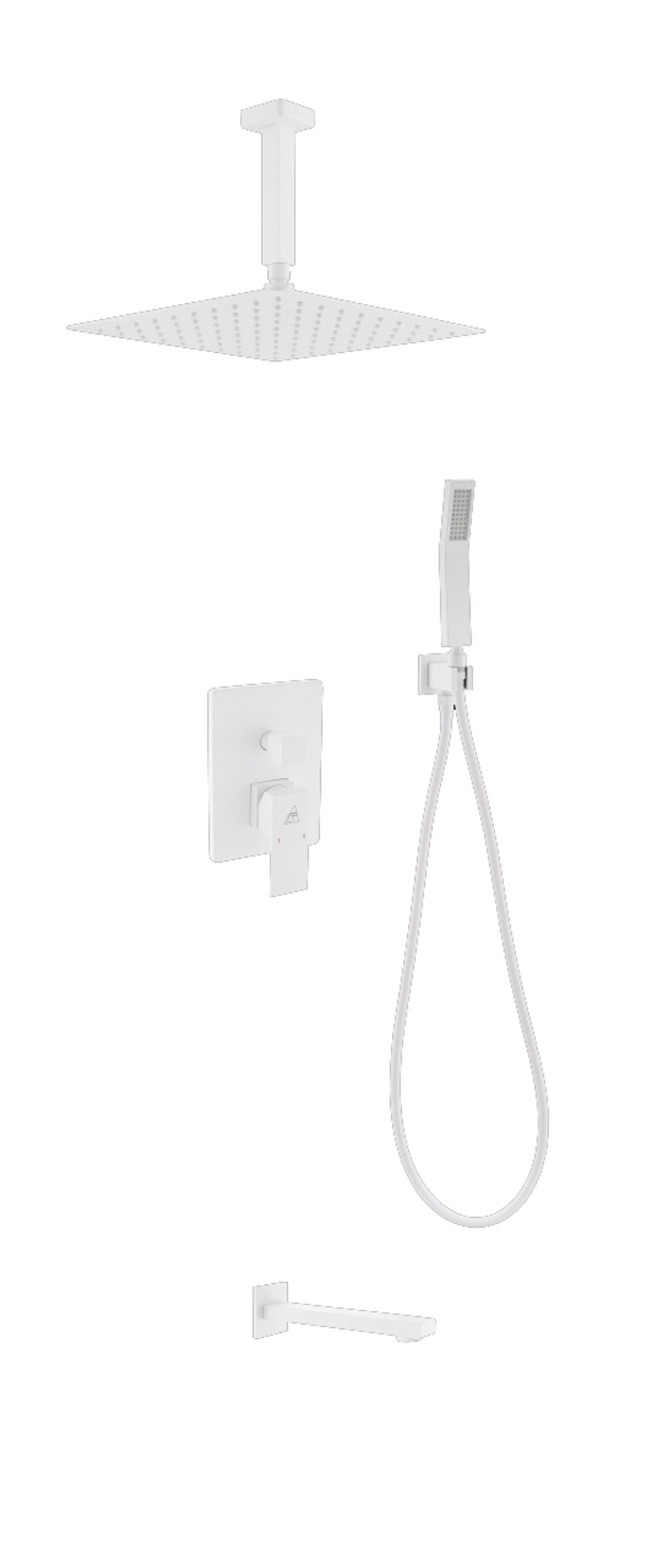 Kube Bath Aqua Piazza Brass Shower Set with 12" Ceiling Mount Square Rain Shower, Handheld and Tub Filler - White (WH-CR300HHTF3V) view 2