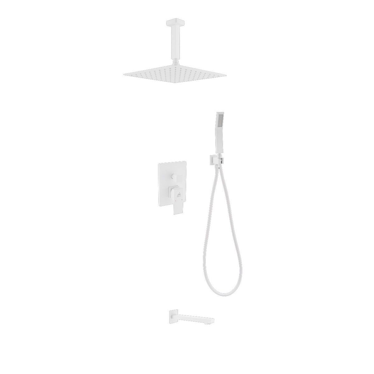 Kube Bath Aqua Piazza Brass Shower Set with 12" Ceiling Mount Square Rain Shower, Handheld and Tub Filler - White (WH-CR300HHTF3V)