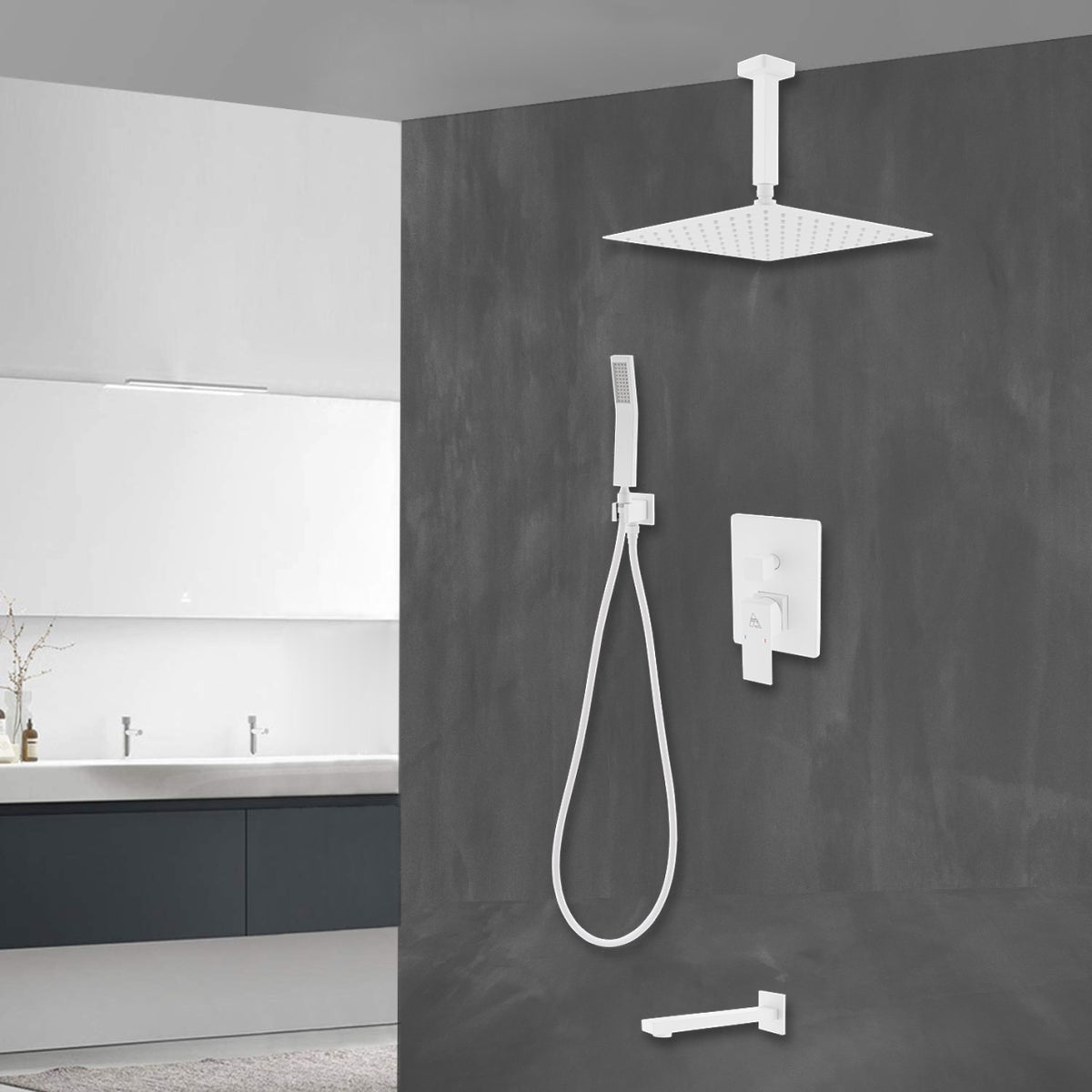 Kube Bath Aqua Piazza Brass Shower Set with 12" Ceiling Mount Square Rain Shower, Handheld and Tub Filler - White (WH-CR300HHTF3V) view 9