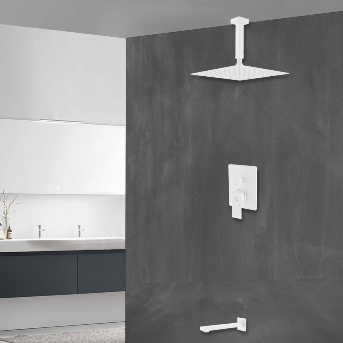 Kube Bath Aqua Piazza Brass Shower Set with 12" Ceiling Mount Square Rain Shower and Tub Filler - White (WH-CR300TF2V) view 8