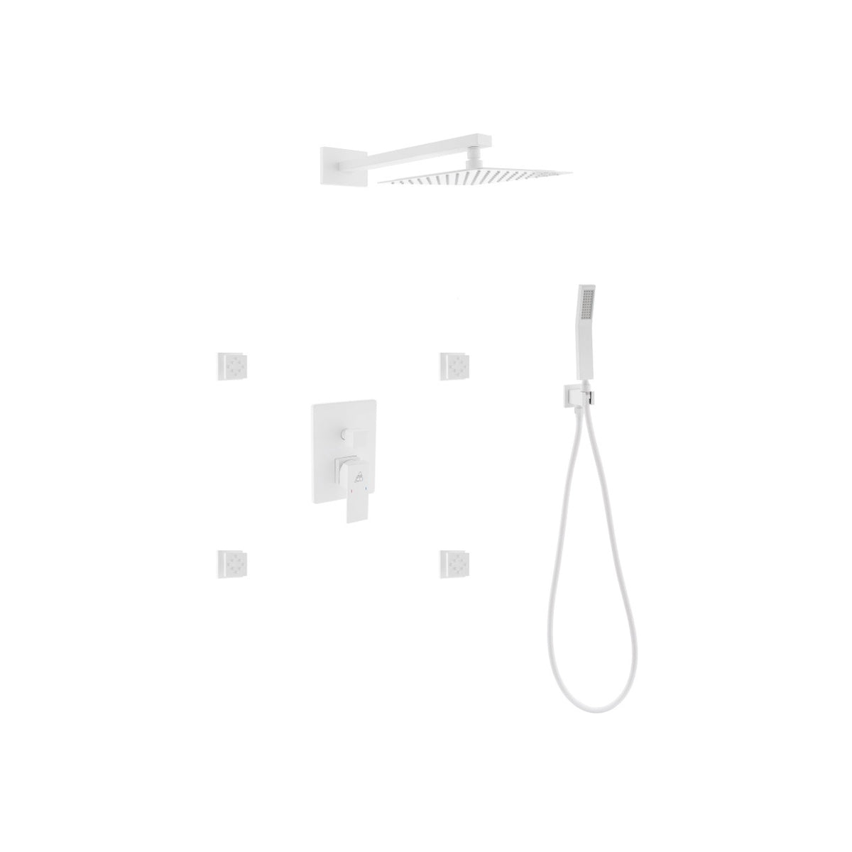 Kube Bath Aqua Piazza Brass Shower Set with 8" Square Rain Shower, 4 Body Jets and Handheld - White (WH-WR2004JHH3V)