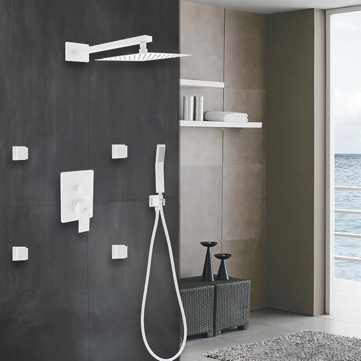 Kube Bath Aqua Piazza Brass Shower Set with 8" Square Rain Shower, 4 Body Jets and Handheld - White (WH-WR2004JHH3V) view 10