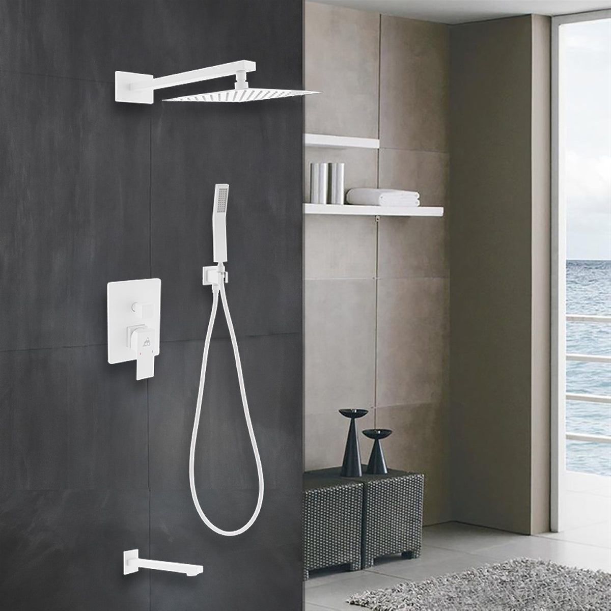 Kube Bath Aqua Piazza Brass Shower Set with 8" Square Rain Shower, Tub Filler and Handheld - White (WH-WR200TFHH3V) view 9