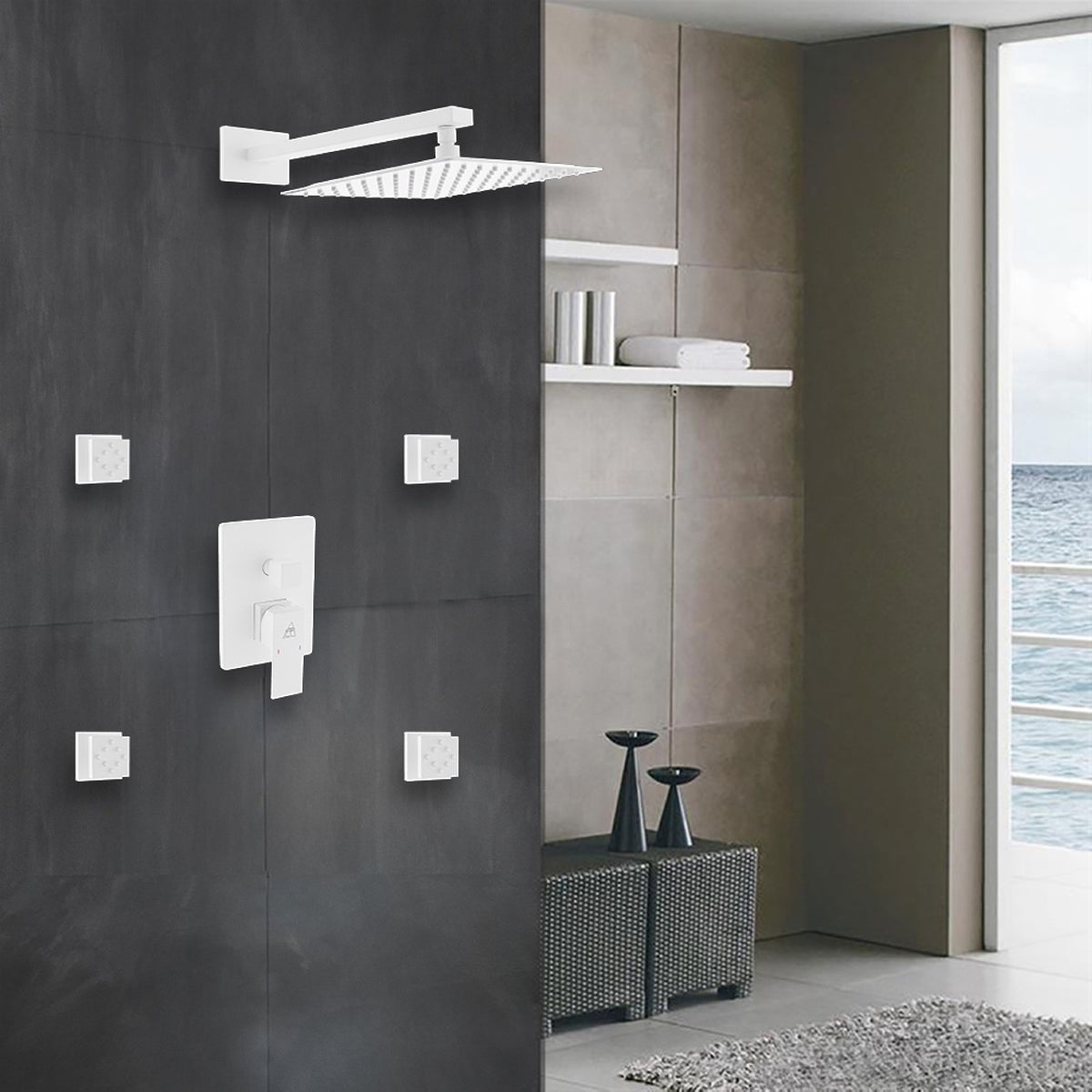 Kube Bath Aqua Piazza Brass Shower Set with 12" Square Rain Shower and 4 Body Jets - White (WH-WR3004J2V) view 9
