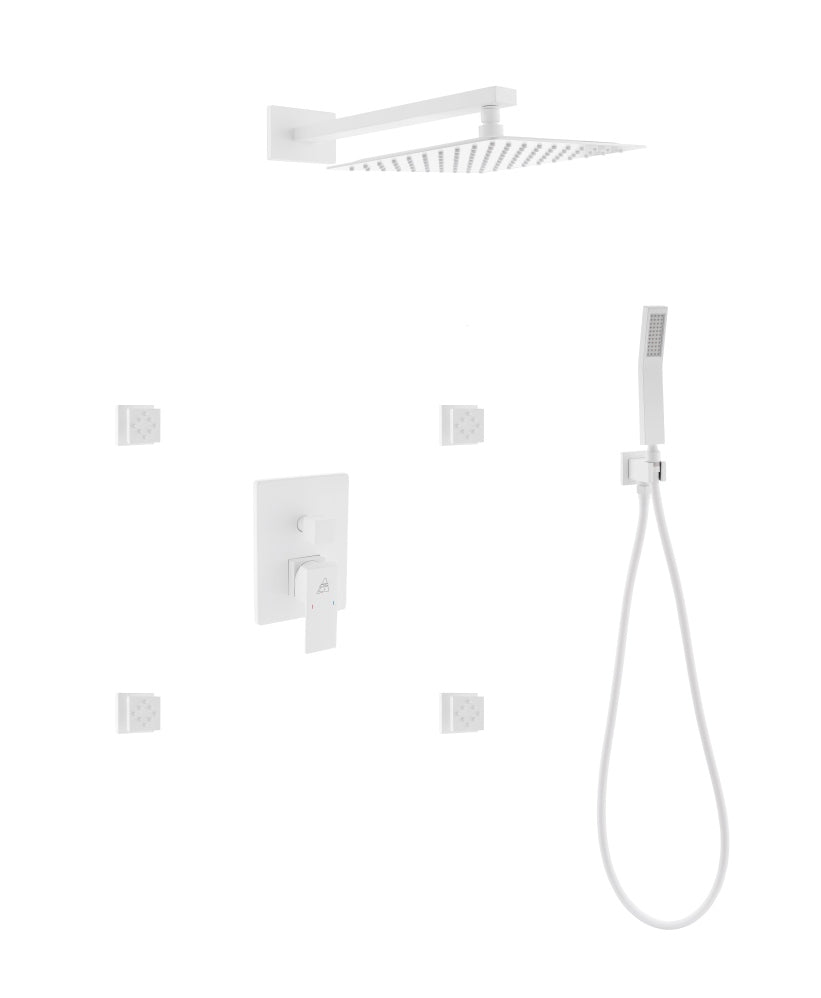 Kube Bath Aqua Piazza Brass Shower Set with 12" Square Rain Shower, Handheld and 4 Body Jets - White (WH-WR3004JHH3V) view 2