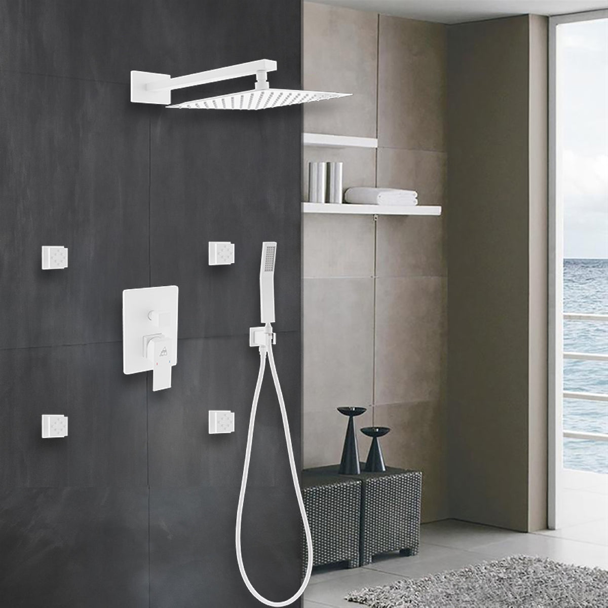 Kube Bath Aqua Piazza Brass Shower Set with 12" Square Rain Shower, Handheld and 4 Body Jets - White (WH-WR3004JHH3V) view 10