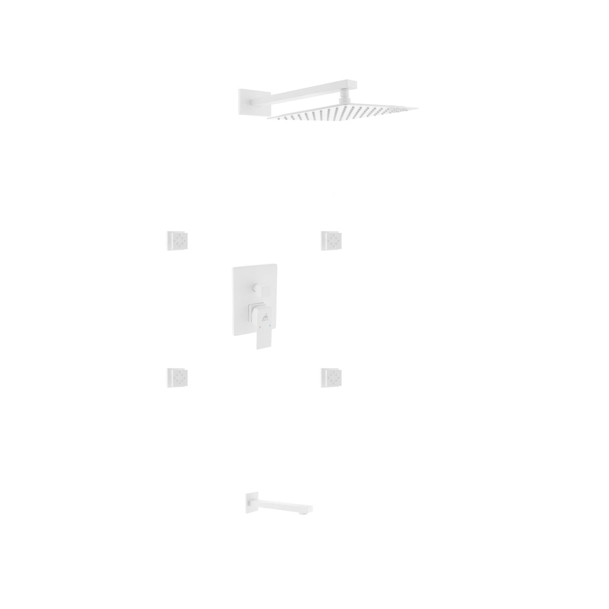 Kube Bath Aqua Piazza Brass Shower Set with 12" Square Rain Shower, Tub Filler and 4 Body Jets - White (WH-WR3004JTF3V)