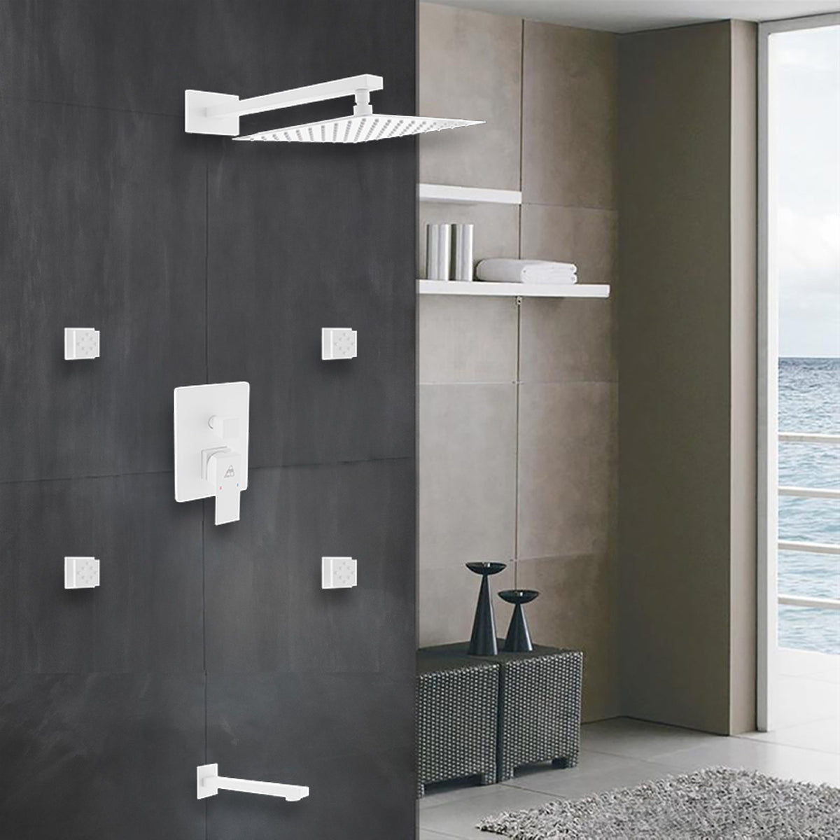 Kube Bath Aqua Piazza Brass Shower Set with 12" Square Rain Shower, Tub Filler and 4 Body Jets - White (WH-WR3004JTF3V) view 9