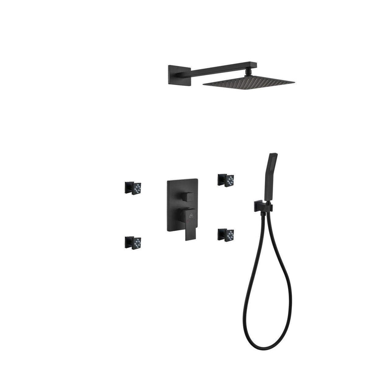 Kube Bath Aqua Piazza Brass Shower Set with 8" Square Rain Shower, 4 Body Jets and Handheld - Black (BK-WR2004JHH3V)