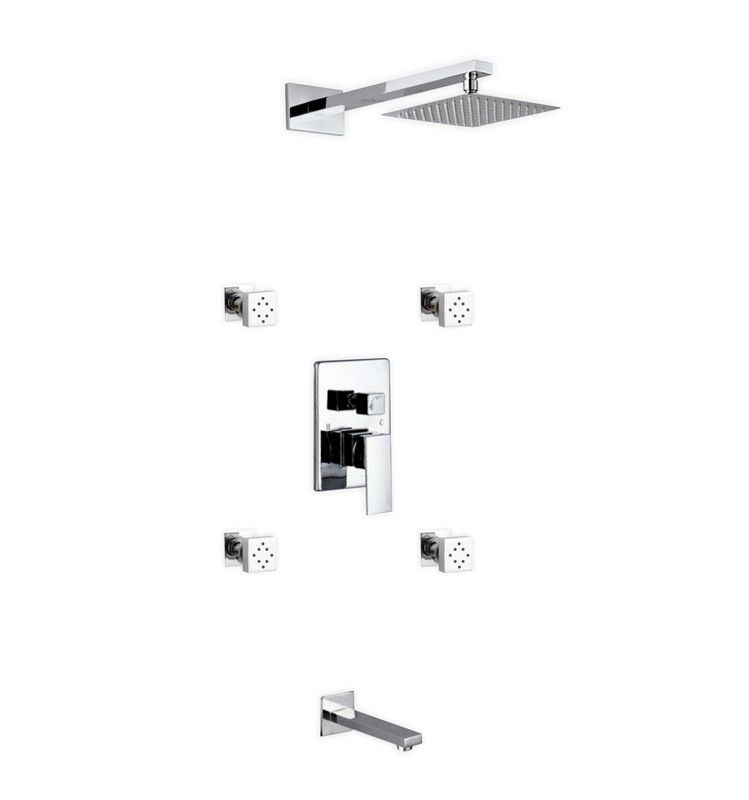 Kube Bath Aqua Piazza Brass Shower Set with 8" Square Rain Shower, 4 Body Jets and Tub Filler - Chrome (WR2004JTF3V)