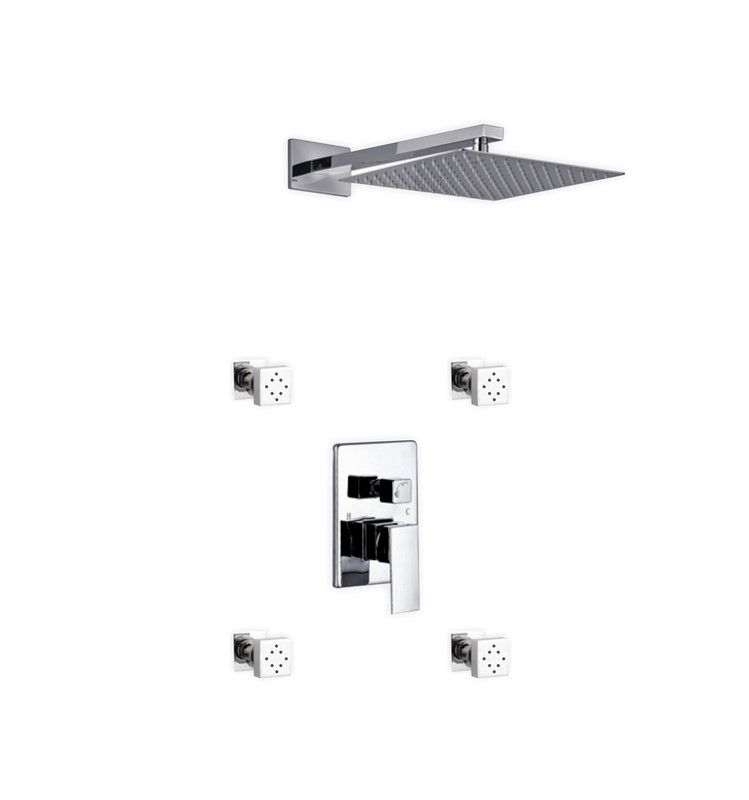Kube Bath Aqua Piazza Brass Shower Set with 12" Square Rain Shower and 4 Body Jets - Chrome (WR3004J2V)