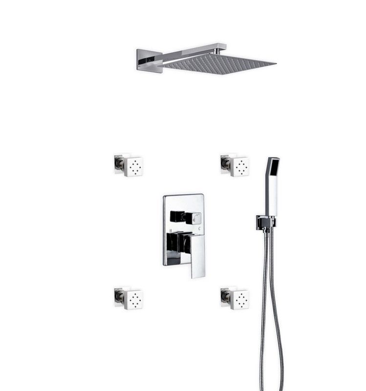 Kube Bath Aqua Piazza Brass Shower Set with 12" Square Rain Shower, Handheld and 4 Body Jets - Chrome (WR3004JHH3V)