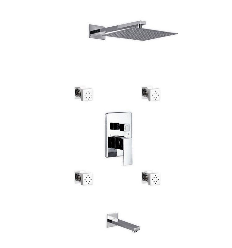 Kube Bath Aqua Piazza Brass Shower Set with 12" Square Rain Shower, Tub Filler and 4 Body Jets - Chrome (WR3004JTF3V)