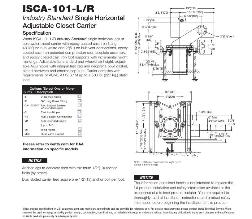 Watts Industry Standard Single Adjustable Wall Hung Toilet Carrier - Plumbing Market