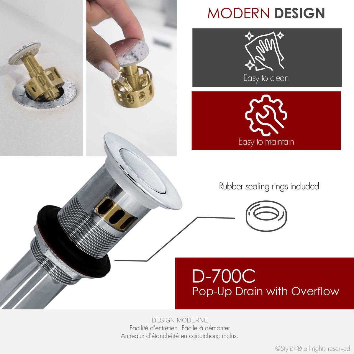 Stylish Pop-Up Bathroom Sink Drain with Overflow Polished Chrome D-700C