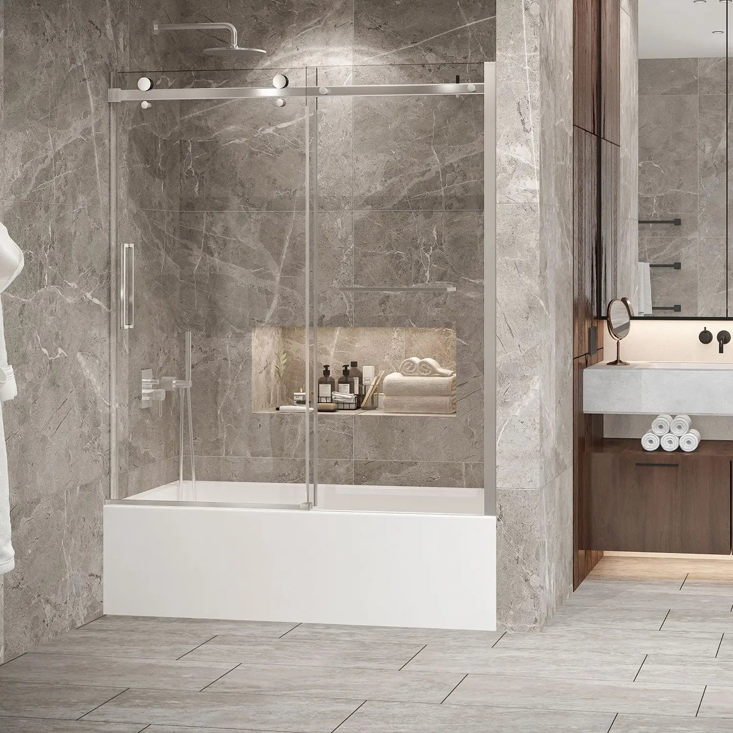 Zitta Bathtub door Bellini 2.0 in alcove, 60", towel bar inlcuded, sliding door, chrome frame and clear glass, Zitta collection DB26000BSTC21 - Plumbing Market