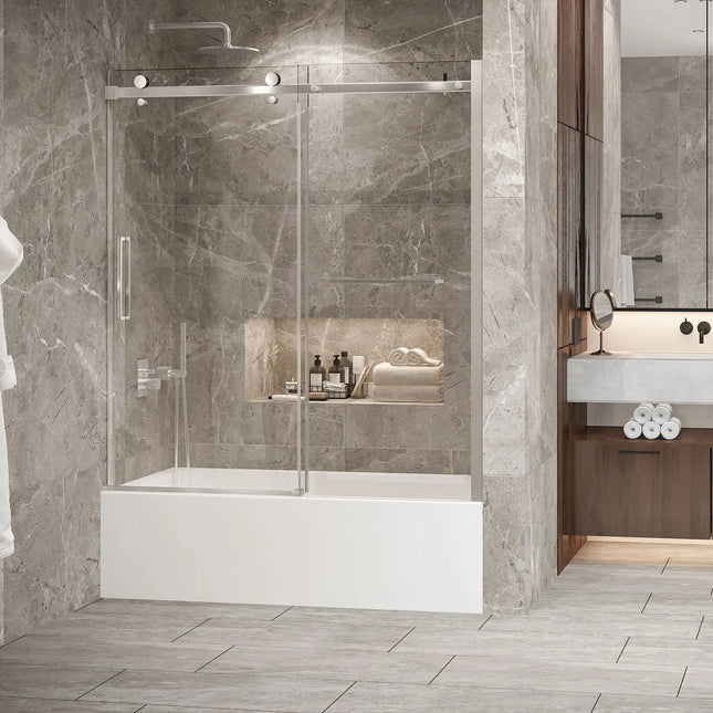 Zitta Bathtub door Bellini 2.0 in alcove, 60", towel bar inlcuded, sliding door, chrome frame and clear glass, Zitta collection DB26000BSTC21 - Plumbing Market