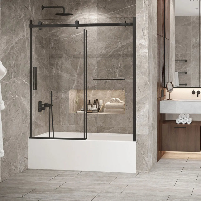 Zitta Bathtub door Bellini 2.0 in alcove, 60", towel bar inlcuded, sliding door, matte black frame and clear glass, Zitta collection DB26000BSTC71 - Plumbing Market