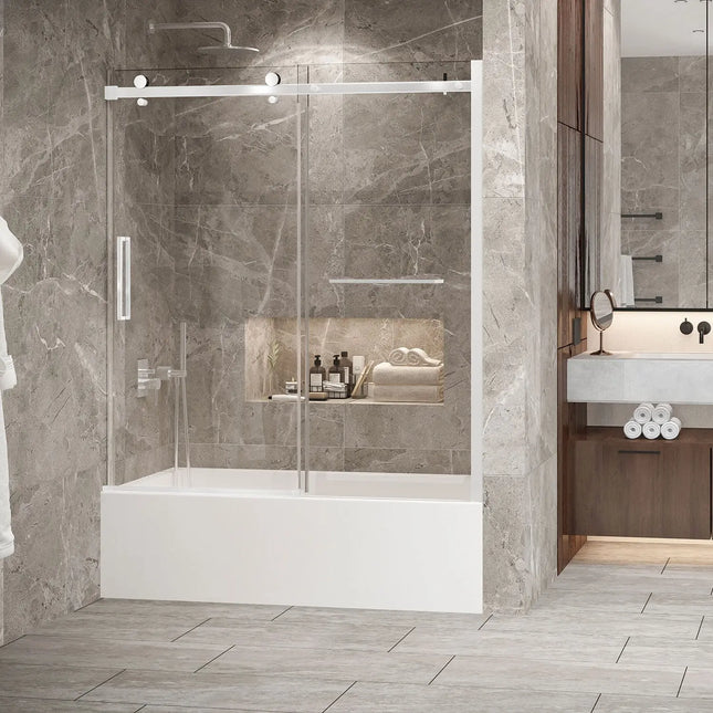 Zitta Bathtub door Bellini 2.0 in alcove, 60", towel bar inlcuded, sliding door, matte white frame and clear glass, Zitta collection DB26000BSTC11 - Plumbing Market