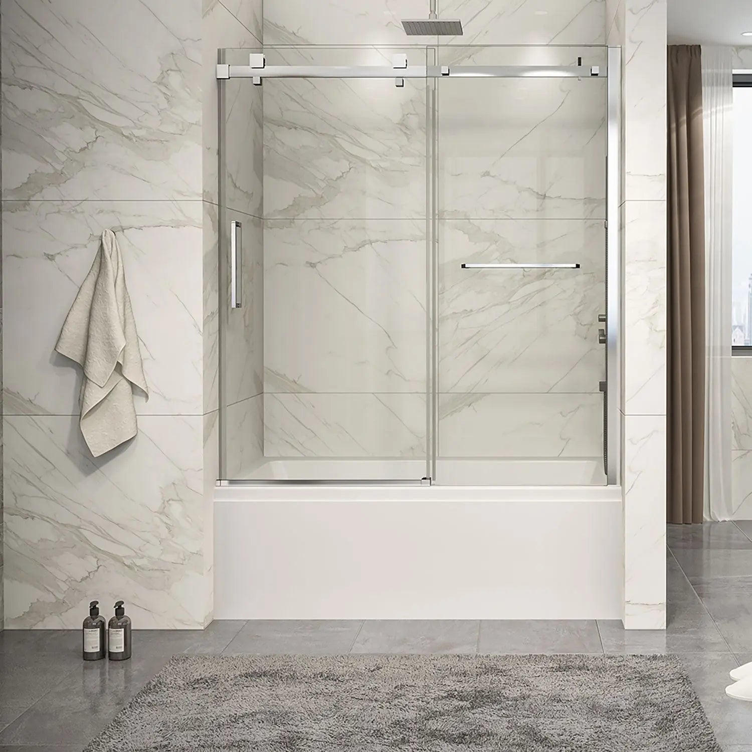 Zitta Bathtub door Piazza 2.0 in alcove, 60", towel bar inlcuded, sliding door, chrome frame and clear glass, Zitta collection DP26000BSTC21 - Plumbing Market