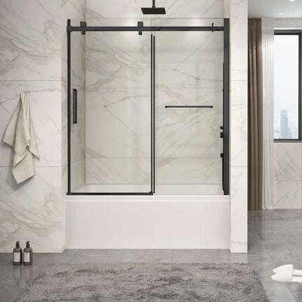 Zitta Bathtub door Piazza 2.0 in alcove, 60", towel bar inlcuded, sliding door, matte black frame and clear glass, Zitta collection DP26000BSTC71 - Plumbing Market