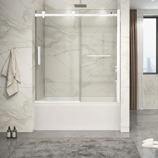 Zitta Bathtub door Piazza 2.0 in alcove, 60", towel bar inlcuded, sliding door, matte white frame and clear glass, Zitta collection DP26000BSTC11 - Plumbing Market