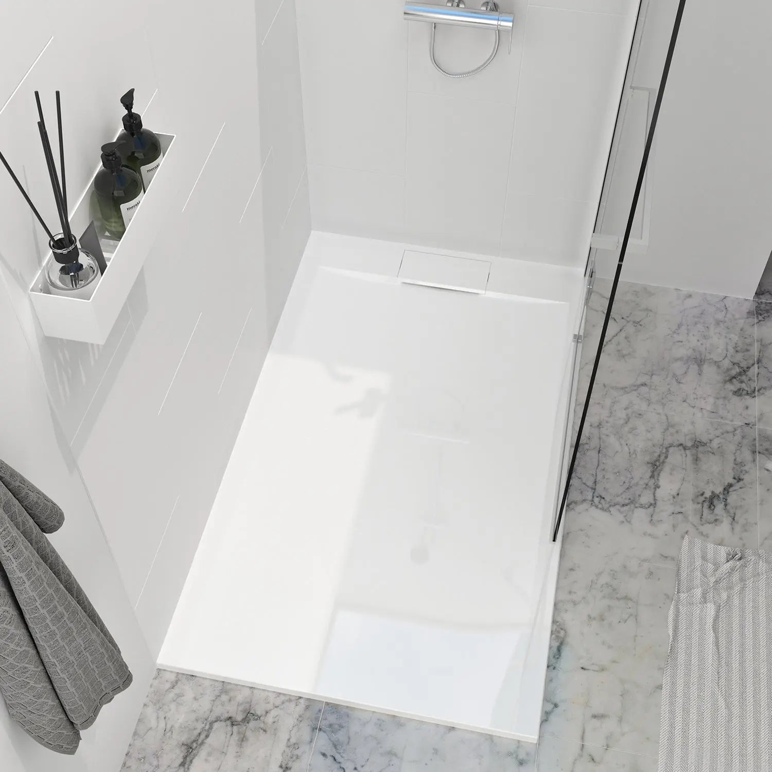 Zitta Shower base Liss 48 x 36, glossy white, in acrylic, wall on the right side, drain on the right side, with integrated decorative drain cover, Zitta collection B4836LREG1RI - Plumbing Market