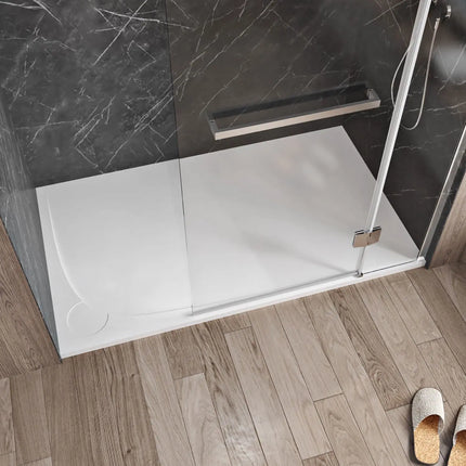 Zitta Shower base Moon 48 x 36, glossy white, in acrylic, alcove, drain on the left, with integrated decorative drain cover, Zitta collection B4836MREG1BUL - Plumbing Market