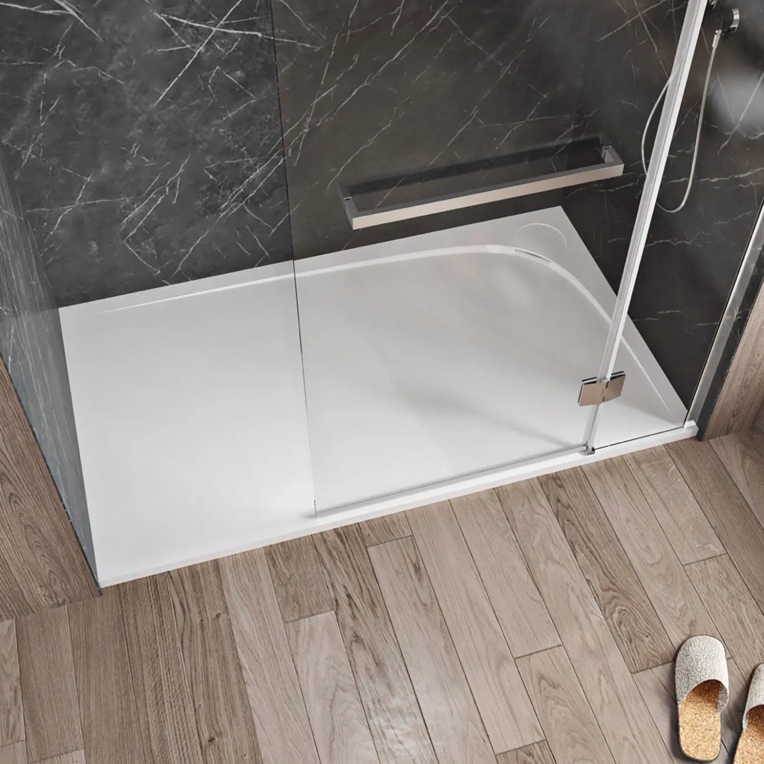 Zitta Shower base Moon 48 x 36, glossy white, in acrylic, alcove, drain on the right, with integrated decorative drain cover, Zitta collection B4836MREG1BUR - Plumbing Market
