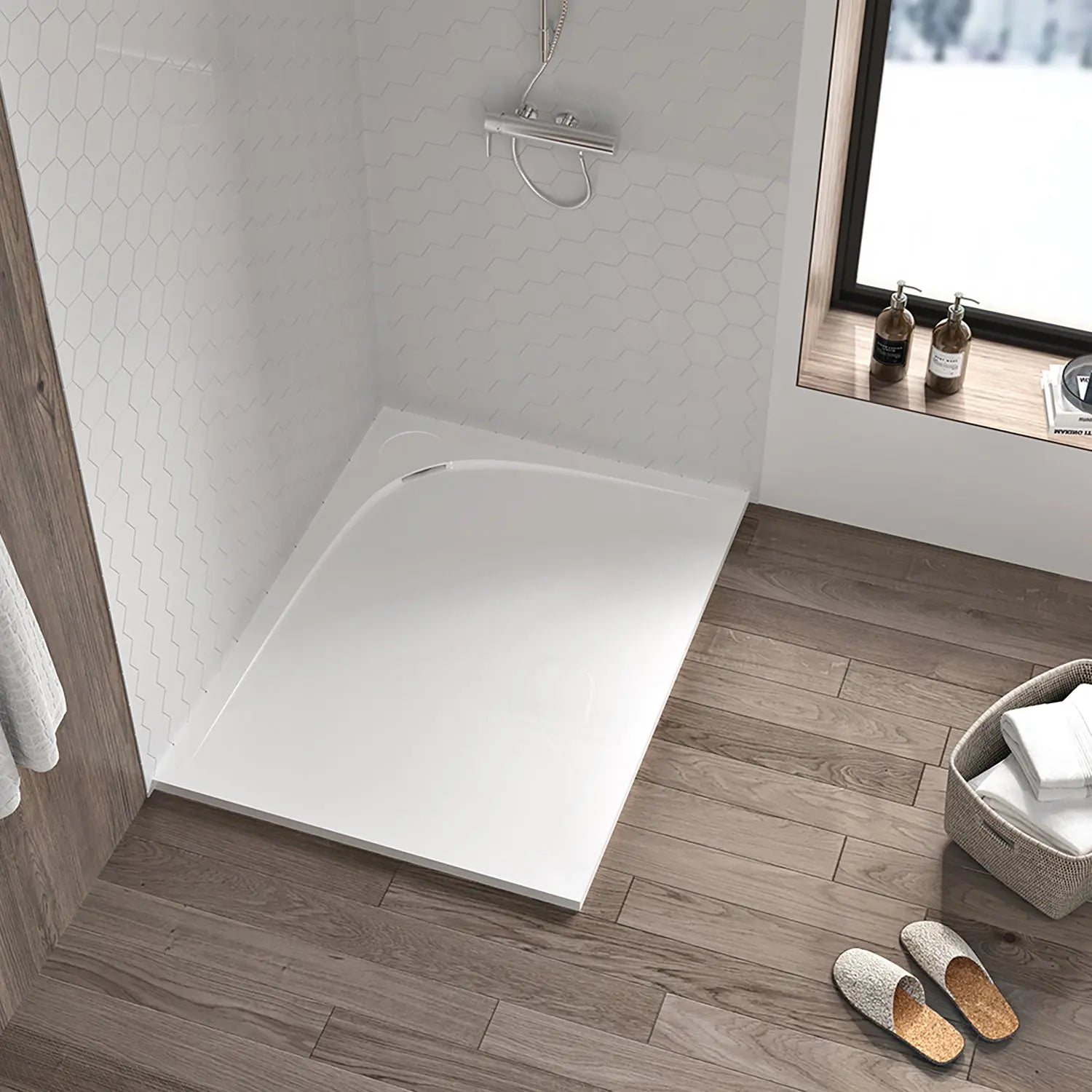 Zitta Shower base Moon 48 x 36, glossy white, in acrylic, in a corner with wall on the right side, drain on the right, with integrated decorative drain cover, Zitta collection B4836MREG1RIR - Plumbing Market