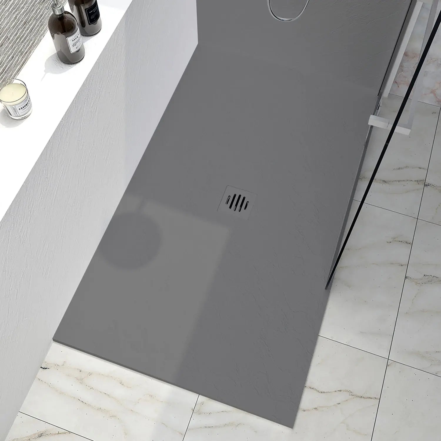 Zitta Shower base Slate 36 x 36, concrete grey, in stone powder, wall on the right side, central deco cover, Zitta collection B3636RCAT6JRI - Plumbing Market