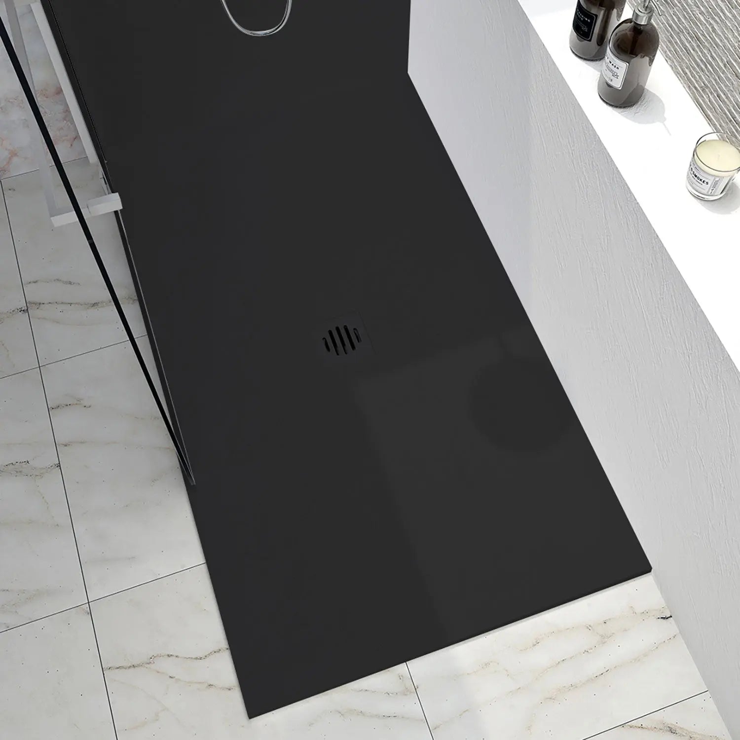 Zitta Shower base Slate 42 x 36, black, in stone powder, custom-made tile flange installation, installation plan required, central deco cover, Zitta collection B4236RRET4JCU - Plumbing Market