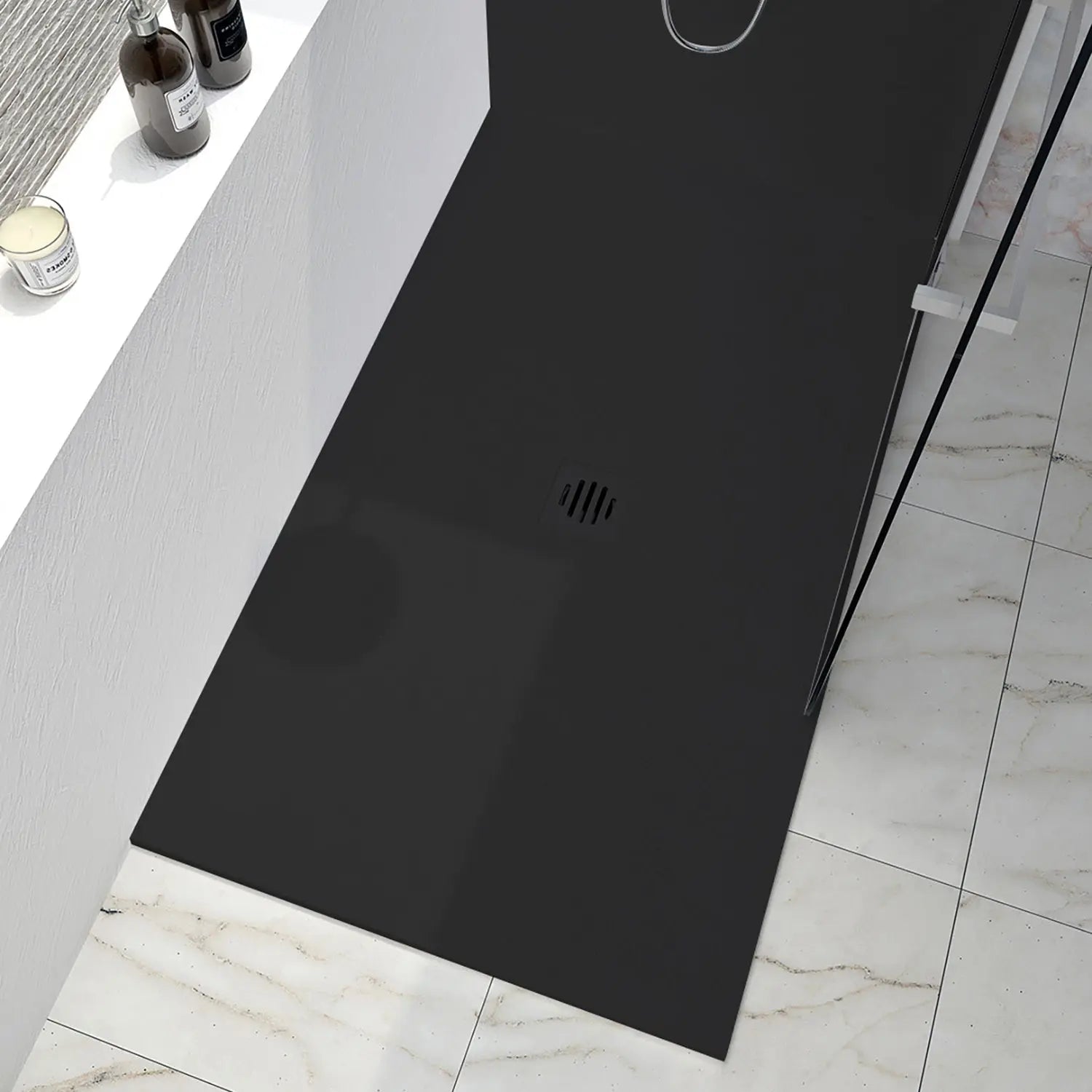 Zitta Shower base Slate 42 x 42, black, in stone powder, wall on the right side, central deco cover, Zitta collection B4242RCAT4JRI - Plumbing Market