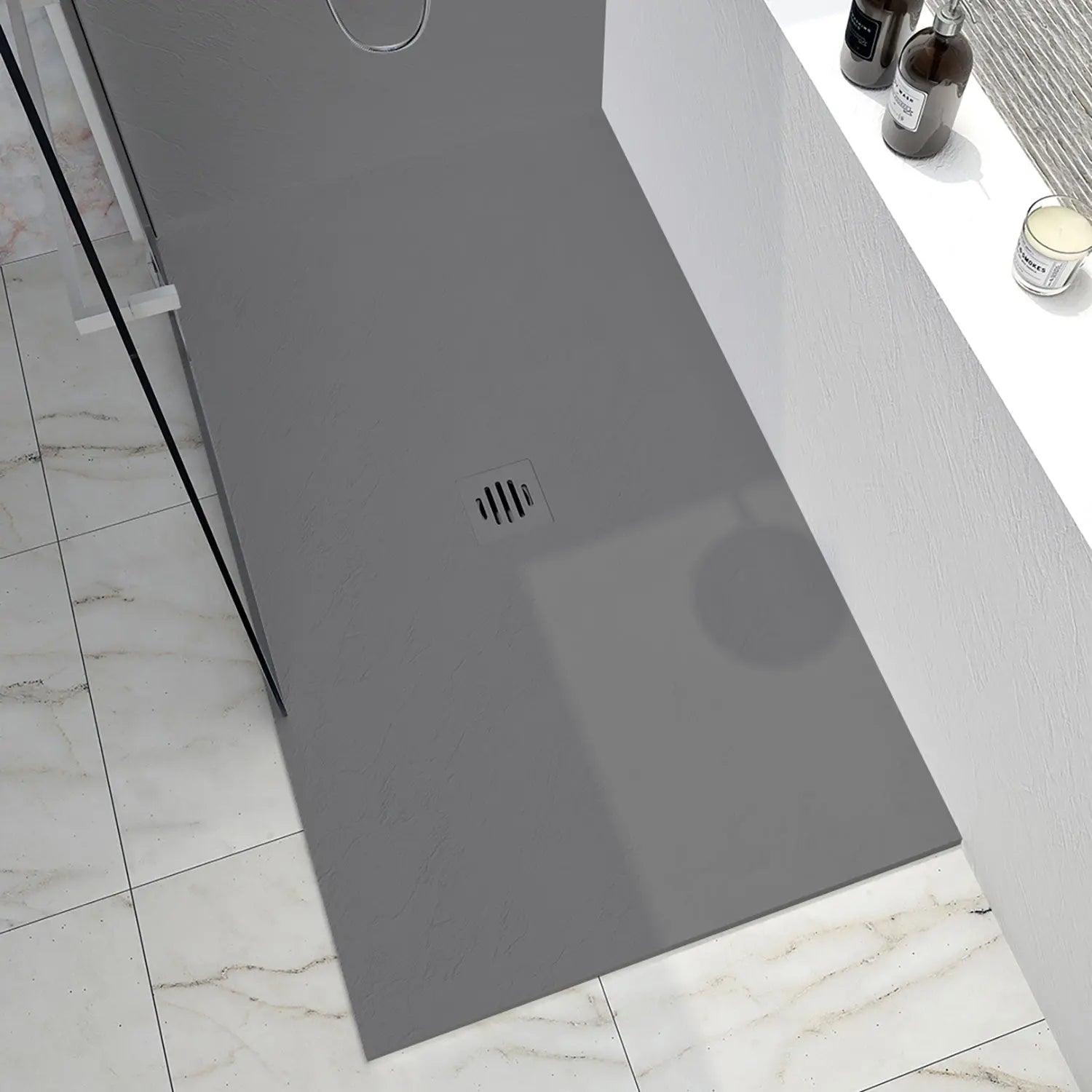 Zitta Shower base Slate 42 x 42, concrete grey, in stone powder, tile flange not installed, central deco cover, Zitta collection B4242RCAT6J - Plumbing Market