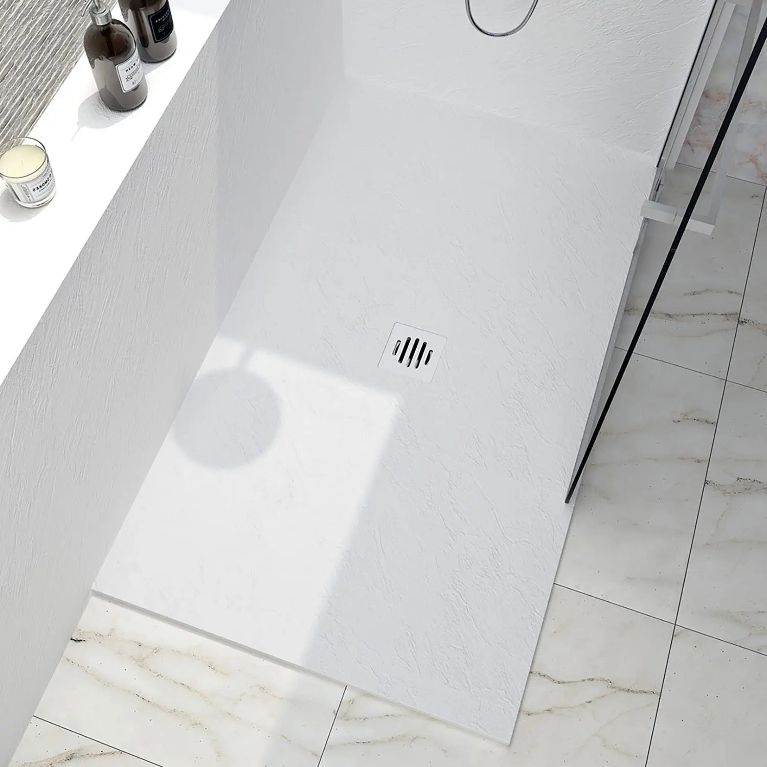 Zitta Shower base Slate 60 x 36, white, in stone powder, wall on the right side, central deco cover, Zitta collection B6036RRET5JRI - Plumbing Market