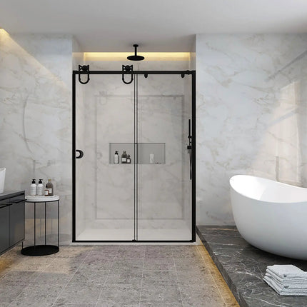 Zitta Shower door Barn in alcove, 48", Rolling, matte black frame and clear glass, Slik Portfolio collection DBR4800ASTC71 - Plumbing Market