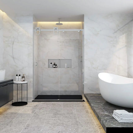 Zitta Shower door Barn in alcove, 60", Rolling, brushed stainless steel frame and clear glass, Slik Portfolio collection DBR6000ASTC61 - Plumbing Market