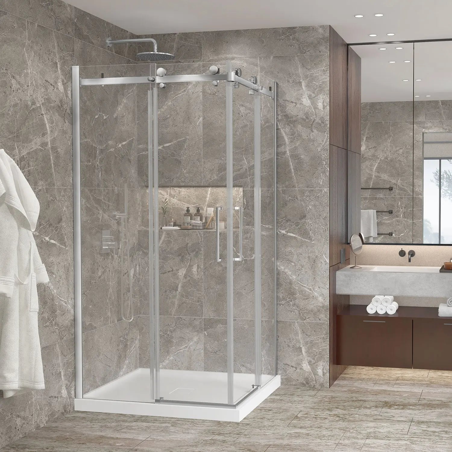 Zitta Shower door Bellini 2.0 corner opening, 36" x 36", sliding, chrome frame and clear glass, Zitta collection DB23636NCAD21 - Plumbing Market