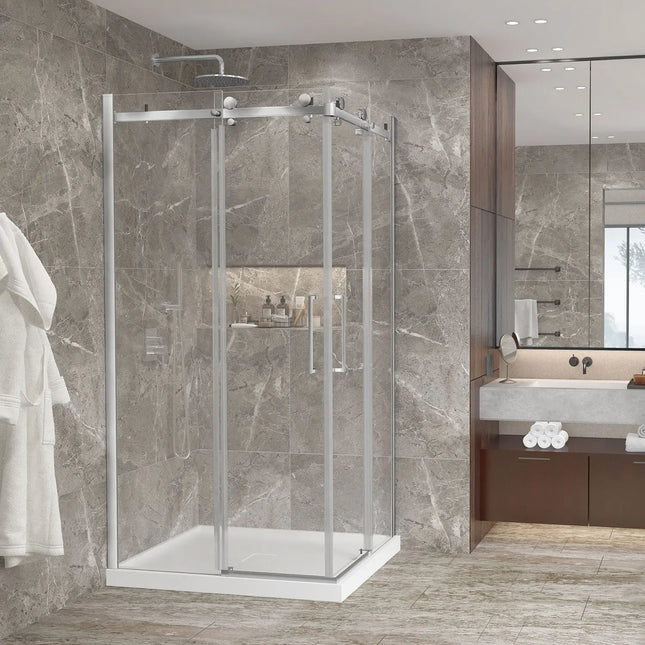 Zitta Shower door Bellini 2.0 corner opening, 42" x 36", sliding, chrome frame and clear glass, Zitta collection DB24236NRED21 - Plumbing Market