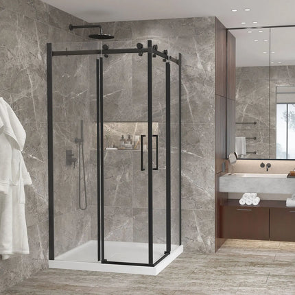 Zitta Shower door Bellini 2.0 corner opening, 42" x 36", sliding, matte black frame and clear glass, Zitta collection DB24236NRED71 - Plumbing Market