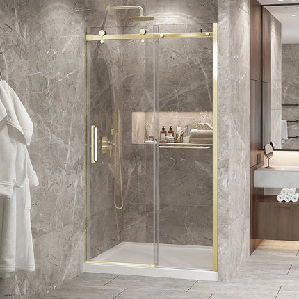 Zitta Shower door Bellini 2.0 in alcove, 48", towel bar included, sliding door, brushed gold frame and clear glass, Zitta collection DB24800ASTC51 - Plumbing Market