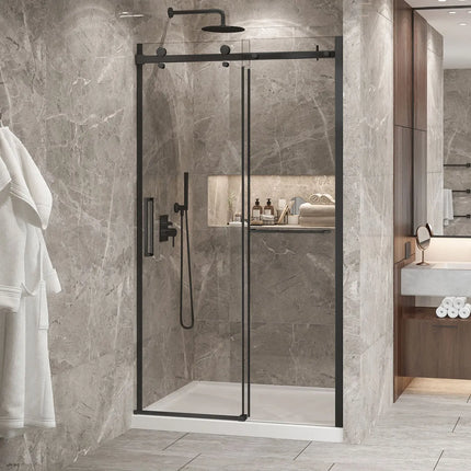 Zitta Shower door Bellini 2.0 in alcove, 48", towel bar included, sliding door, matte black frame and clear glass, Zitta collection DB24800ASTC71 - Plumbing Market