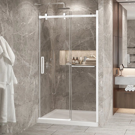 Zitta Shower door Bellini 2.0 in alcove, 48", towel bar included, sliding door, matte white frame and clear glass, Zitta collection DB24800ASTC11 - Plumbing Market