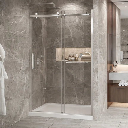 Zitta Shower door Bellini 2.0 in alcove, 54", towel bar inlcuded, sliding door, chrome frame and clear glass, Zitta collection DB25400ASTC21 - Plumbing Market