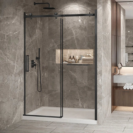 Zitta Shower door Bellini 2.0 in alcove, 60", towel bar included, sliding door, matte black frame and clear glass, Zitta collection DB26000ASTC71 - Plumbing Market